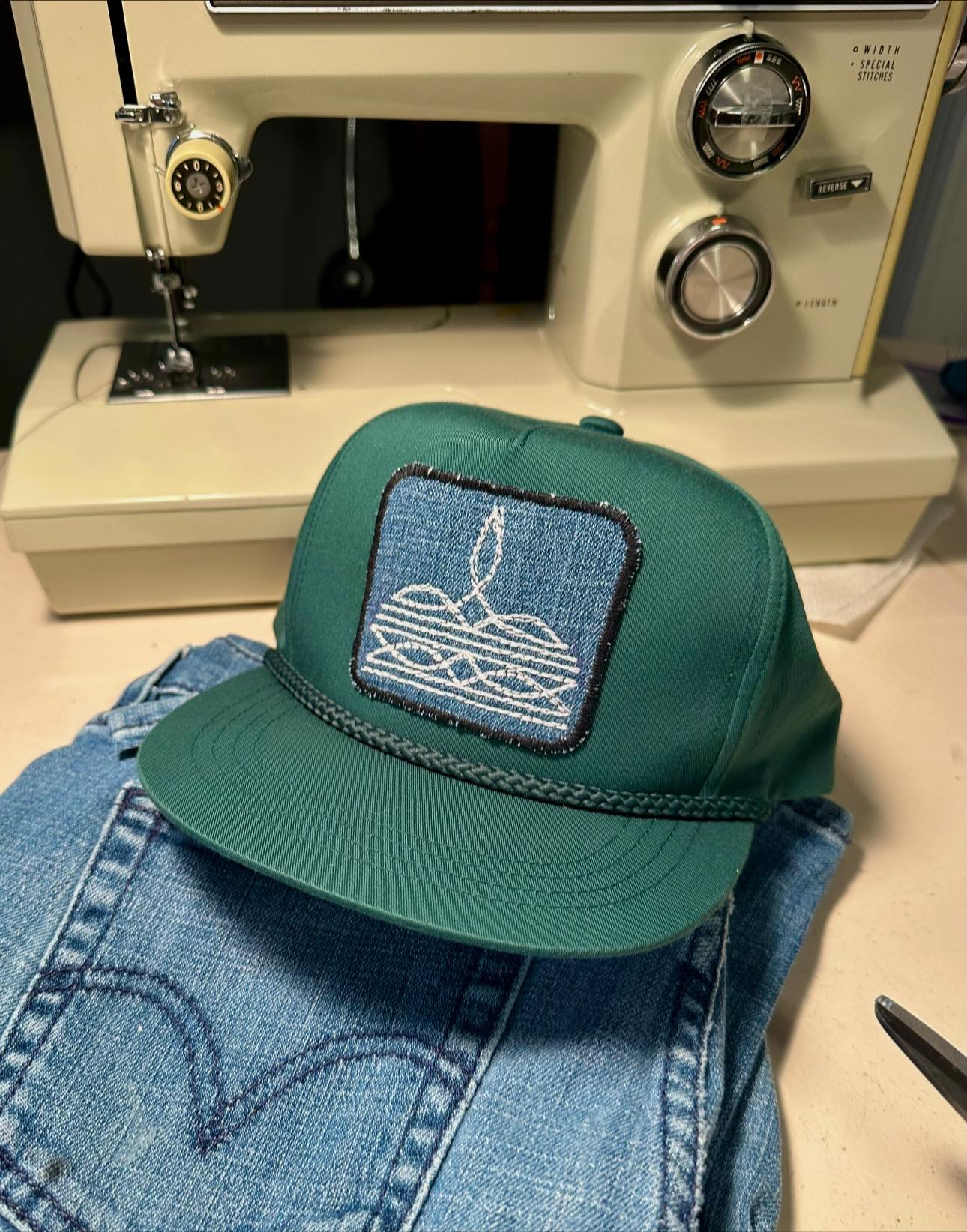 Custom green hat — full view