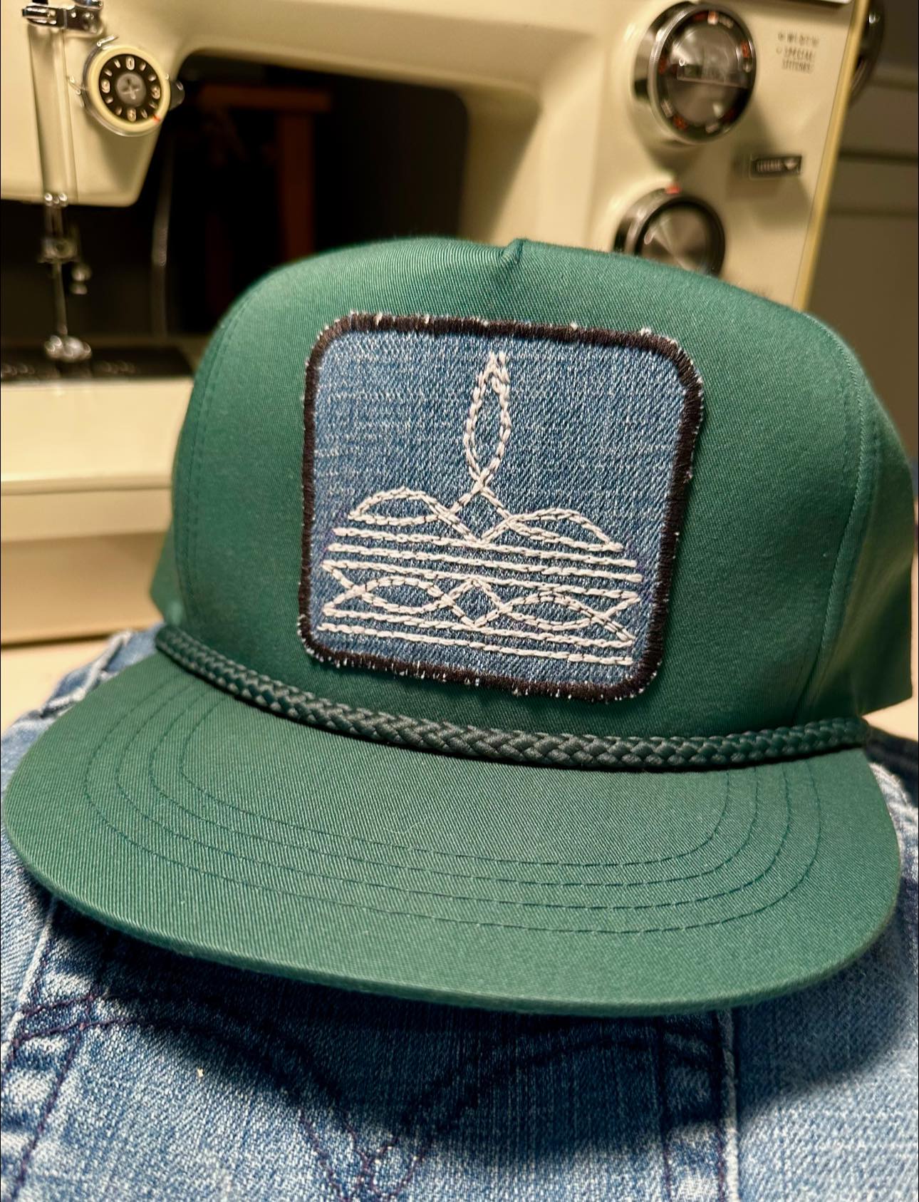 Custom green hat — close up