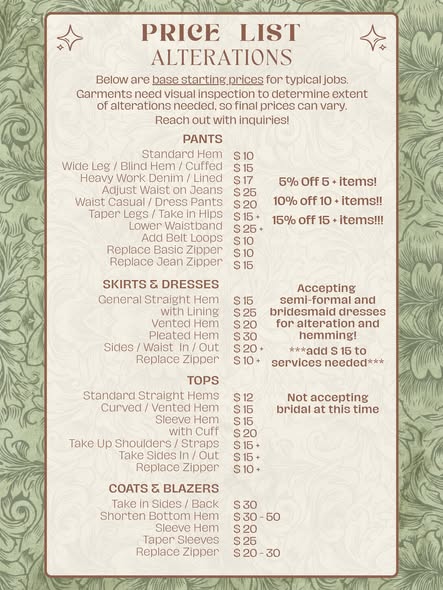 Alterations price list