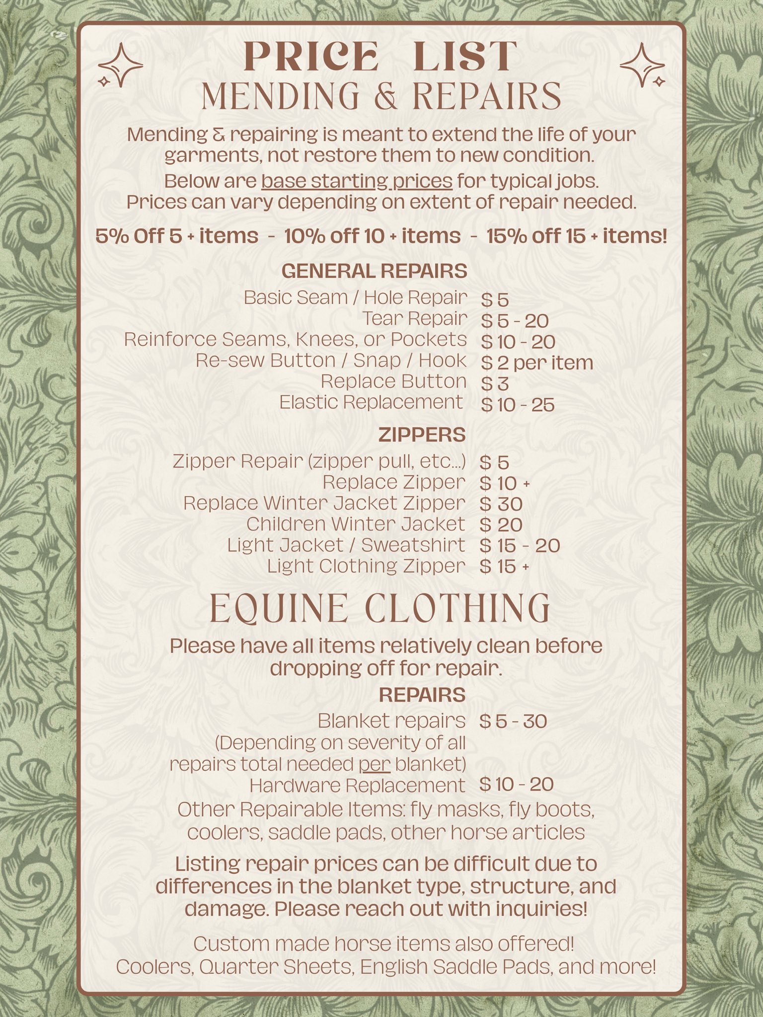 Mending and repairs price list
